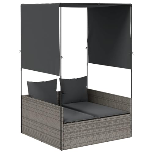 Eleganz Doppel-Sonnenliege mit Dach und Vorhängen – Grau, PE-Rattan & pulverbeschichteter Stahl – Gartenbett für Terrasse & Garten – Robust & Wetterfest von Eleganz