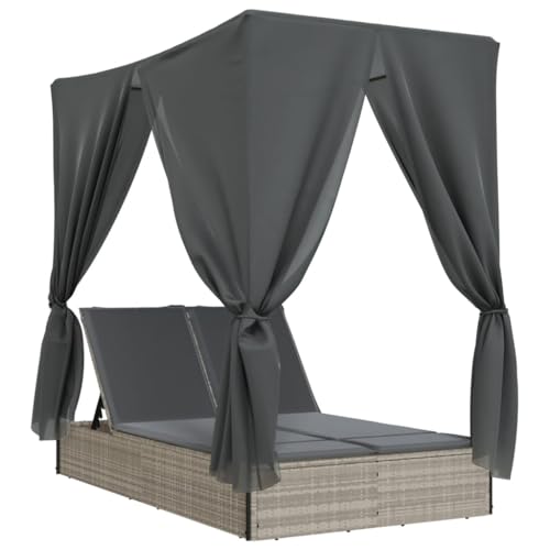 Eleganz Doppel-Sonnenliege mit Dach und Vorhängen aus PE-Rattan & pulverbeschichtetem Stahl – Perfekt für Gartenbetten – Stilvoll & langlebig von Eleganz