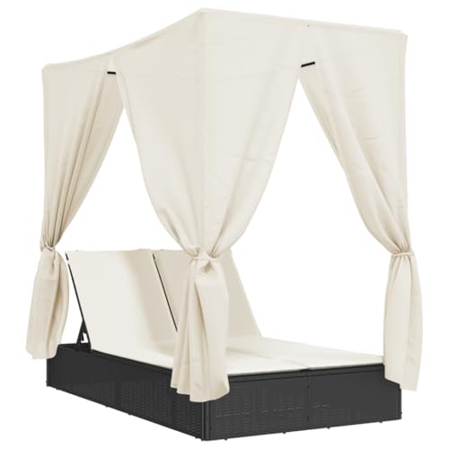 Eleganz Doppel-Sonnenliege mit Dach und Vorhängen aus PE-Rattan & pulverbeschichtetem Stahl - Perfekt für den Garten - Langlebig & stilvoll von Eleganz