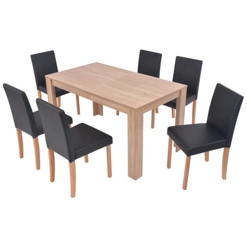 Eleganz Esszimmertisch und Stühle 7-TLG. Kunstleder Eiche Schwarz - Moderner PVC-Esstisch mit Stühlen für stilvolles Esszimmer, pflegeleicht & langlebig von Eleganz