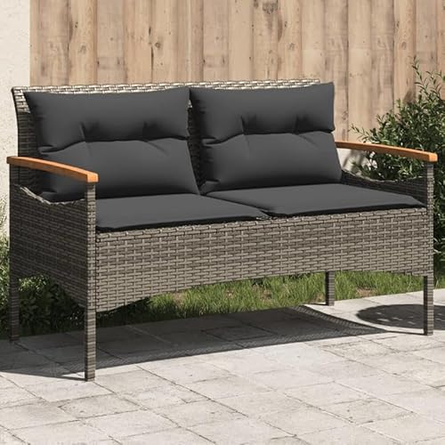 Eleganz Gartenbank mit Kissen aus PE-Rattan & pulverbeschichtetem Stahl – Massives Akazienholz mit Ölfinish – Langlebig & wetterfest für Terrasse & Garten – Bequeme Sitzbank in Grau (116x62,5x74 cm) von Eleganz