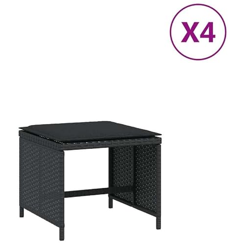 Eleganz Gartenhocker 4er Set Schwarz mit Kissen – Poly Rattan 40x40x35 cm – Langlebig & Bequem für Terrasse, Balkon oder Garten – Moderne Sitzhocker für Outdoor und Indoor von Eleganz