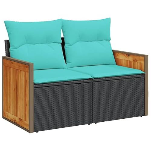 Eleganz Gartensofa 2-Sitzer Schwarz PE-Rattan mit Kissen – Modernes Gartensitzmöbel aus pulverbeschichtetem Stahl & Akazienholz für Terrasse & Garten – Wetterfest & Langlebig von Eleganz