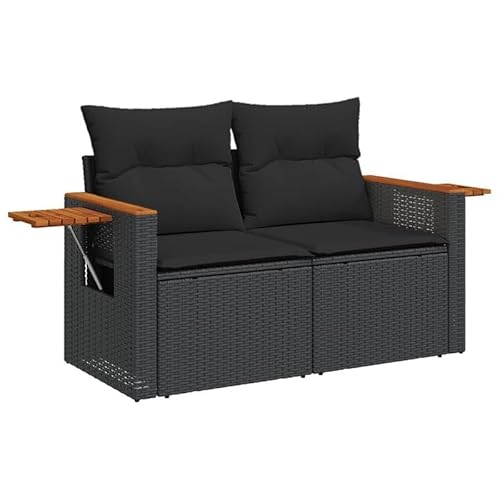 Eleganz Gartensofa 2-Sitzer Schwarz PE-Rattan mit Kissen – Pulverbeschichteter Stahl & Akazienholz – Langlebiges Gartensitzmöbel für Terrasse und Garten von Eleganz