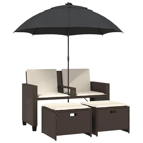 Eleganz Gartensofa 2-Sitzer mit Sonnenschirm & Hocker - Brauner PE-Rattan & pulverbeschichteter Stahl - Wetterfestes Gartensitzmöbel für Terrasse oder Garten von Eleganz