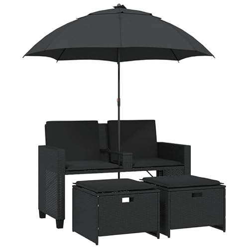 Eleganz Gartensofa 2-Sitzer mit Sonnenschirm & Hocker - Schwarz PE-Rattan & pulverbeschichteter Stahl - Langlebiges Gartensitzmöbel für Terrasse & Garten von Eleganz