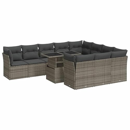 Eleganz Gartensofa-Set 11-TLG. Grau PE-Rattan mit Kissen, Pulverbeschichteter Stahl, Langlebig & Wetterfest für Terrasse & Garten von Eleganz