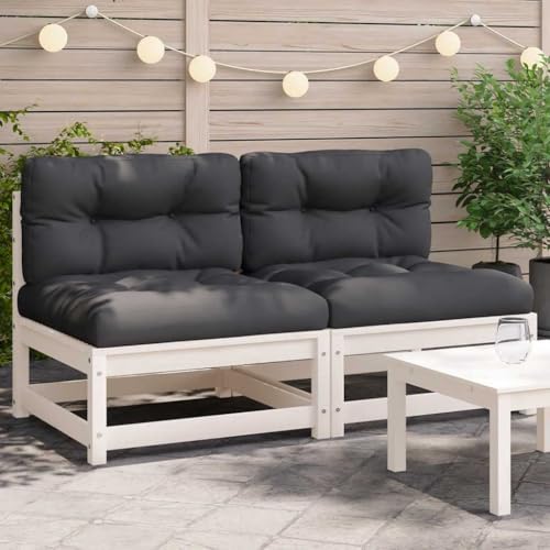 Eleganz Gartensofas ohne Armlehnen aus massivem Kiefernholz mit Kissen, 2 STK. Weiß - Langlebiges und stilvolles Gartensitzmöbel für Terrasse und Garten von Eleganz