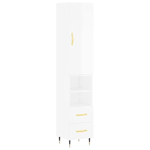 Eleganz Highboard Weiß Hochglanz Wohnzimmermöbel Set 34,5x34x180 cm - Modernes Regal aus Holzwerkstoff für kleine Räume & stilvolle Aufbewahrung von Eleganz