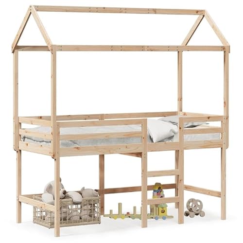 Eleganz Hochbett mit Leiter und Dach 80x200 cm aus Massivholz Kiefer - Kinderbett mit Schlafplatz & Spielbereich für kleine Räume - Langlebig & Naturbelassen von Eleganz