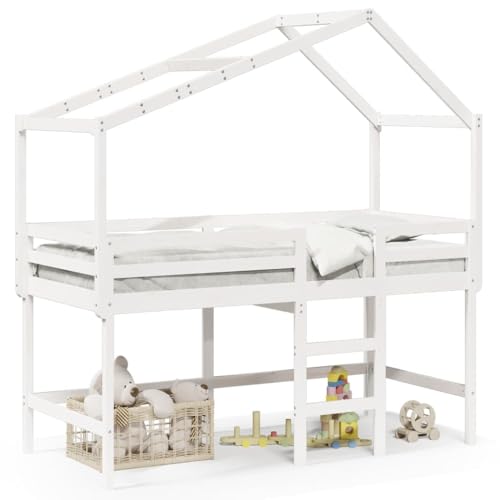 Eleganz Hochbett mit Leiter und Dach Weiß 90x190 cm aus Massivholz Kiefer - Kinderbett mit Rutsche, Spielbereich & Stauraum - Langlebiges Design für kleine Räume von Eleganz