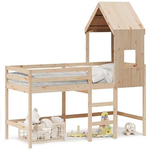 Eleganz Hochbett mit Leiter und Dach aus Massivholz Kiefer 80x200 cm – Kinderbett mit Stauraum & Dach für sicheres Schlafen | Ideal für kleine Räume von Eleganz