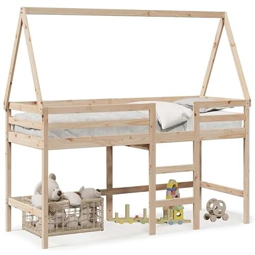Eleganz Hochbett mit Leiter und Dach aus Massivholz Kiefer 80x200 cm – Robustes Kinderbett mit Sicherheitsleiter & Platzsparendem Design für Kleinkinder und Jugendzimmer von Eleganz