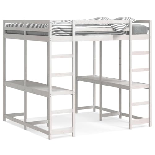 Eleganz Hochbett mit Schreibtisch & Leiter | 140x200 cm Kiefernholz | Platzsparendes Kinderbett mit Arbeitsbereich | Ideal für kleine Räume | Weiß & Langlebig von Eleganz