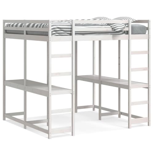 Eleganz Hochbett mit Schreibtisch & Leiter Weiß 180x200 cm aus Kiefernholz - Platzsparendes Jugendbett mit Arbeitsplatz für Kinderzimmer und kleine Räume von Eleganz