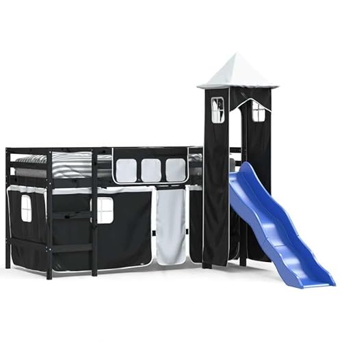 Eleganz Kinderhochbett mit Turm in Weiß & Schwarz – 80x200 cm Kiefernholz – Stabiles Spielbett mit Rutsche & Leiter – Platzsparendes Kinderzimmer-Essential von Eleganz