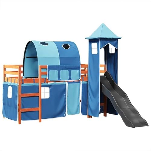Eleganz Kinderhochbett mit Turm & Treppe - Massivholz Kiefer 90x200 cm - Stabiles Hochbett für Kinderzimmer - Platzsparend mit Stauraum - Blau von Eleganz