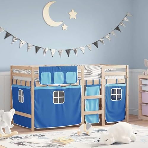 Eleganz Kinderhochbett mit Vorhängen Blau 90x200 cm aus massivem Kiefernholz - Hochbett für Kinderzimmer, Stabiles Bett mit Vorhang für süße Träume von Eleganz