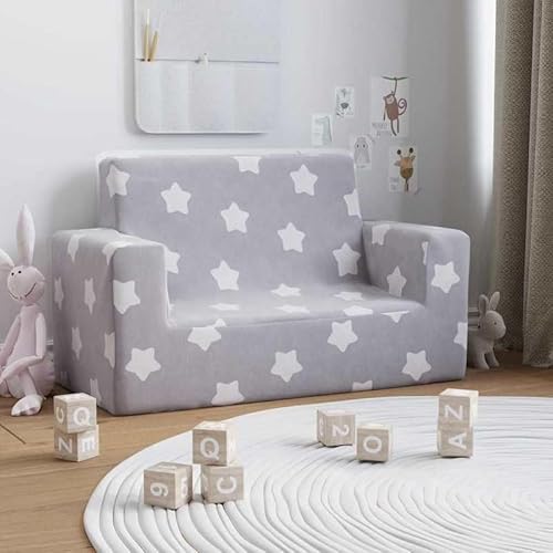 Eleganz Kindersofa 2-Sitzer Hellgrau mit Sternen - Weicher Plüsch (100% Polyester) - Perfekt für Kinderzimmer - Gemütlich & Langlebig von Eleganz