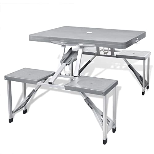 Eleganz Klappbarer Campingtisch mit 4 Hockern - Extra Leichtes Aluminium & Stahlgestell, Grau - Ideal für Camping & Wandern, PP-Tischplatte & Sitzflächen von Eleganz