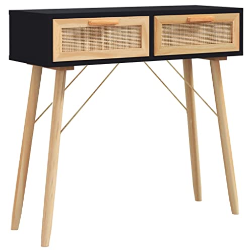 Eleganz Konsolentisch Schwarz 80x30x75cm aus Massivholz Kiefer & Natur-Rattan - Langlebig & Stilvoll für Wohnzimmer & Flur von Eleganz
