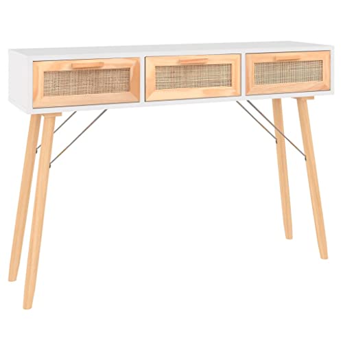 Eleganz Konsolentisch Weiß 105x30x75 cm aus Massivholz Kiefer & Natur-Rattan - Langlebig & Stilvoll für Wohnzimmer & Flur von Eleganz