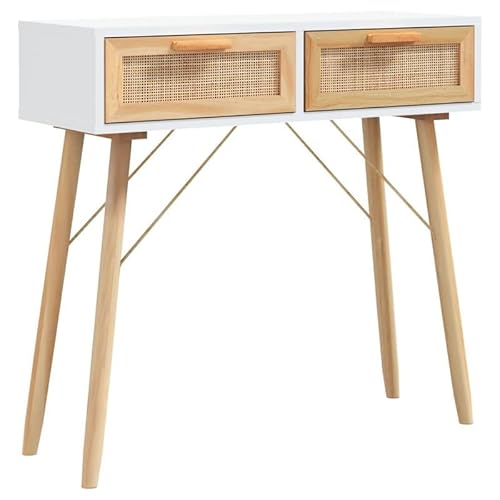 Eleganz Konsolentisch Weiß 80x30x75 cm aus Massivholz Kiefer & Natur-Rattan - Langlebiger Sideboard-Tisch für Wohnzimmer, Flur oder Eingangsbereich - Stilvolles Design mit Rattan-Einsatz von Eleganz