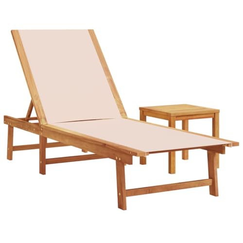 Eleganz Massivholz Akazie Sonnenliege mit Tisch – Gartenbett in Creme, Textilene-Gewebe, ölfinish – Langlebig & Stilvoll für Ihren Garten von Eleganz