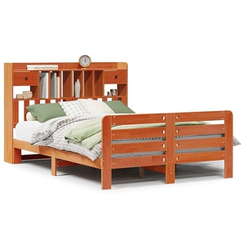 Eleganz Massivholzbett 140x190 cm mit Regal - Wachsbraun, langlebig & stabil für Schlafzimmer, ohne Matratze - Natürliches Design für erholsamen Schlaf von Eleganz