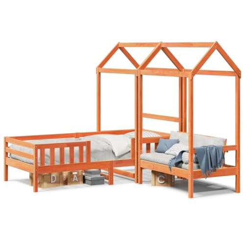 Eleganz Massivholzbett mit Bank und Dach Orange 90x190 cm Kiefernholz – Langlebiges Gartenbett für Terrasse & Balkon, Natürliches Design für Outdoor-Entspannung von Eleganz