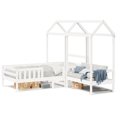 Eleganz Massivholzbett mit Bank und Dach - Weiß Kiefernholz 80x200 cm - Langlebiges Gartenbett für Terrasse & Balkon - Natürliches Design für Outdoor-Entspannung von Eleganz