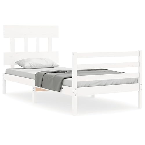 Eleganz Massivholzbett mit Kopfteil Weiß 90x200 cm - Modernes Bett aus massivem Holz für Schlafzimmer, langlebig & stabil - Perfekt für kleine Räume und stilvolle Einrichtung Eleganz Massivholzbett mit Kopfteil Weiß 90x200 cm - Modernes Bett aus massivem Holz für Schlafzimmer, langlebig & stabil - Perfekt für kleine Räume und stilvolle Einrichtung von Eleganz