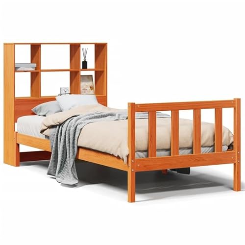 Eleganz Massivholzbett mit Regal, 90x190 cm wachsbun - Stilvolles Hochbett mit Stauraum, langlebig & stabil - Perfekt für kleine Räume & Moderne Einrichtungen von Eleganz