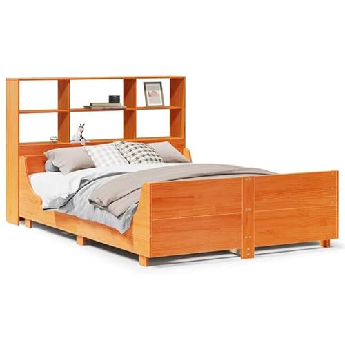 Eleganz Massivholzbett mit Regal 140x200 cm - Modernes Bettgestell ohne Matratze in Wachsbraun | Langlebig & Stilvoll für Schlafzimmer | Natürliches Design für Erholsamen Schlaf von Eleganz