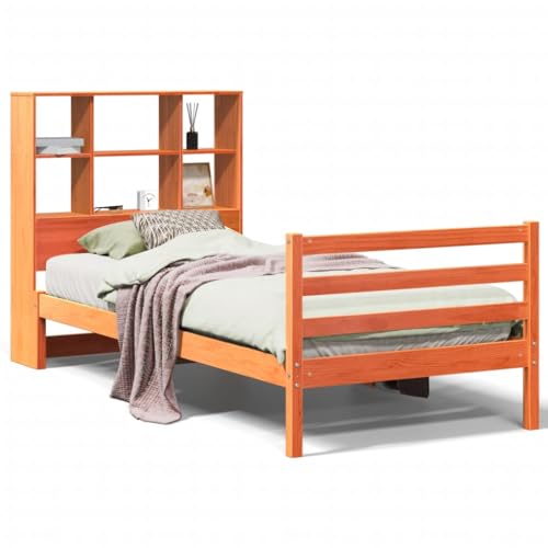 Eleganz Massivholzbett mit Regal ohne Matratze 90x190 cm - Robustes Kinderbett oder Gästebett mit Stauraum - Natürliche Wachsbraune Farbe für Schlafzimmer von Eleganz