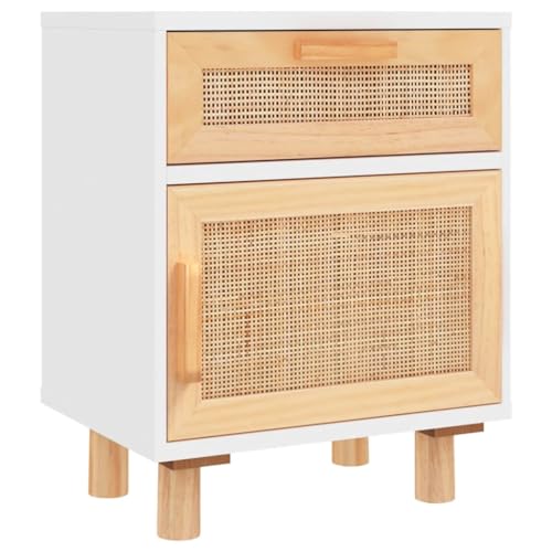 Eleganz Nachttisch Weiß aus Massivholz Kiefer und Natur-Rattan - Moderner Beistelltisch für Schlafzimmer, langlebig und umweltfreundlich von Eleganz