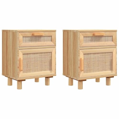 Eleganz Nachttische Set 2 STK. aus Massivholz Kiefer und Natur-Rattan - Schickes Nachtschränkchen für Schlafzimmer, stylishe Aufbewahrung mit Rattankorb | Robust & langlebig von Eleganz