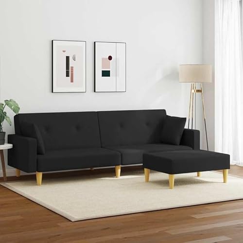 Eleganz Schlafsofa 2-Sitzer mit Fußhocker Schwarz Stoff – Futon-Couch für Wohnzimmer oder Schlafzimmer, platzsparend & komfortabel – Ideal für kleine Räume und Gäste von Eleganz