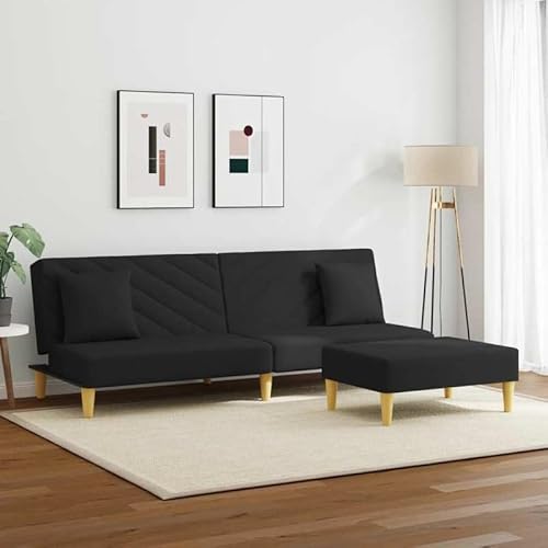 Eleganz Schlafsofa 2-Sitzer mit Kissen und Fußhocker – Bequemes Futon für Wohnzimmer oder Gastzimmer – Schwarz Stoff – Platzsparend & Langlebig von Eleganz