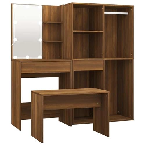 Eleganz Schminktisch-Set mit in Braun & Eichen-Optik - Holzwerkstoff & Acryl - Stilvolles Möbel für Schlafzimmer - Beleuchteter Kosmetikspiegel mit Stauraum von Eleganz