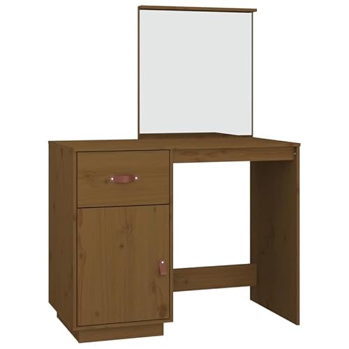 Eleganz Schminktisch aus Massivholz Kiefer 95x50x134 cm Honigbraun - Stilvolles Schlafzimmermöbel Set mit Stauraum & Spiegel, Natürliche Optik für EIN Gemütliches Ambiente von Eleganz