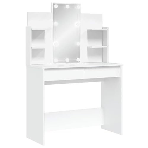 Eleganz Schminktisch mit -Leuchten Weiß 96x40x142 cm - Schlafzimmermöbel Set mit Spiegel und Beleuchtung, Stauraum & Dimmfunktion für perfektes Makeup von Eleganz