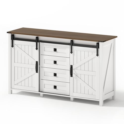 Eleganz Sideboard Kommode mit Stauraum: 137 cm breiter Seitenschrank mit Schiebetüren und 4 Schubladen - Vintage-Kaffeebar-Sideboard, geeignet für Küche, Esszimmer und Wohnzimmer, weiß von Eleganz