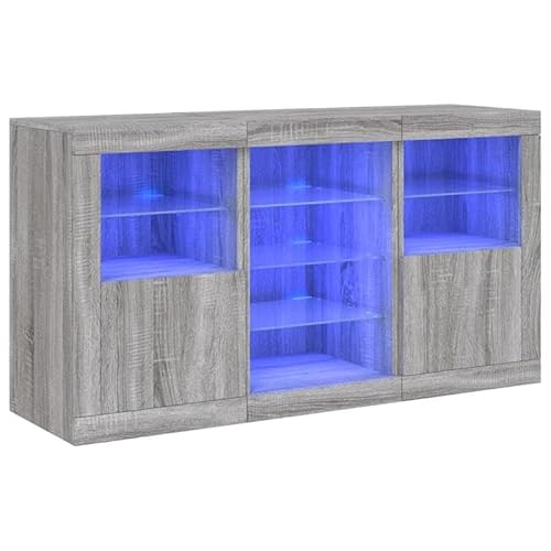 Eleganz Sideboard mit -Leuchten Grau Sonoma 123x37x67 cm - Modernes Wohnzimmermöbel Set mit Beleuchtung, Stauraum Lösung für kleine Räume von Eleganz