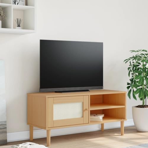 Eleganz TV-Schrank SENJA aus massivem Kiefernholz mit UV-Lackierung und Poly Rattan-Optik, 106x40x49 cm, ideal für Wohnzimmer und kleine Räume, langlebig und stilvoll von Eleganz