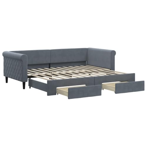 Eleganz Tagesbett Ausziehbar mit Schubladen - 90x200 cm Dunkelgrau Samt - Platzsparendes Gästebett für kleine Räume & praktische Aufbewahrung von Eleganz
