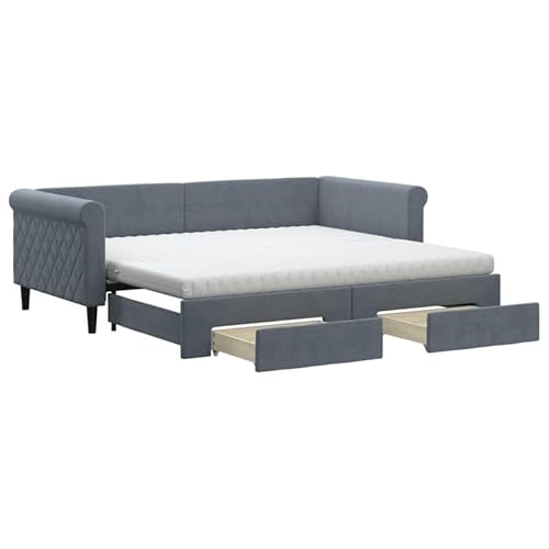 Eleganz Tagesbett ausziehbar mit Schubladen - 90x190 cm dunkelgrau Samt - Platzsparendes Kinderbett oder Gästebett mit Stauraum - Ideal für kleine Räume von Eleganz