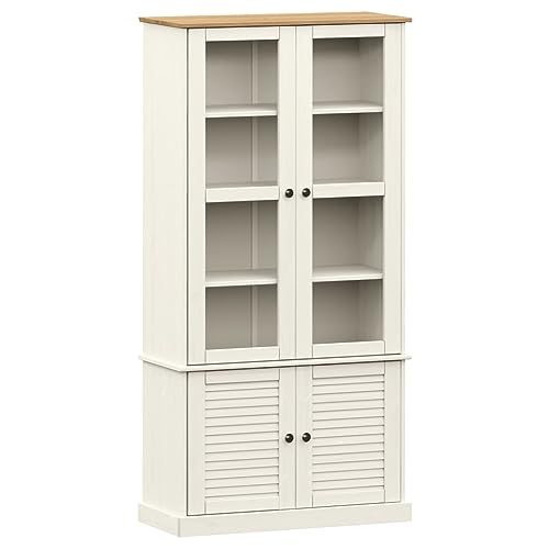 Eleganz Vitrine VIGO Weiß 85x35x170 cm aus Massivholz Kiefer mit Wachsfinish - Regalsystem für Wohnzimmer & Flur - Stilvoll & Langlebig von Eleganz