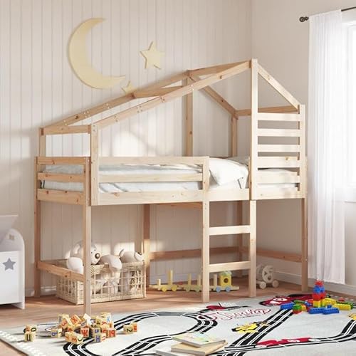 Hochbett mit Leiter und Dach 80x200 cm aus massivem Kiefernholz - Natürliches & Stabiles Kinderbett fürs Schlafzimmer - Unbehandeltes Holz für eine gesunde Schlafumgebung von Eleganz