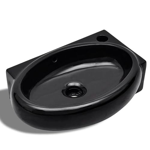 Keramik Waschbecken rund mit Hahn und Überlaufloch - Modernes Design für Bad und Gäste-WC - Langlebig und pflegeleicht - Schwarz von Eleganz
